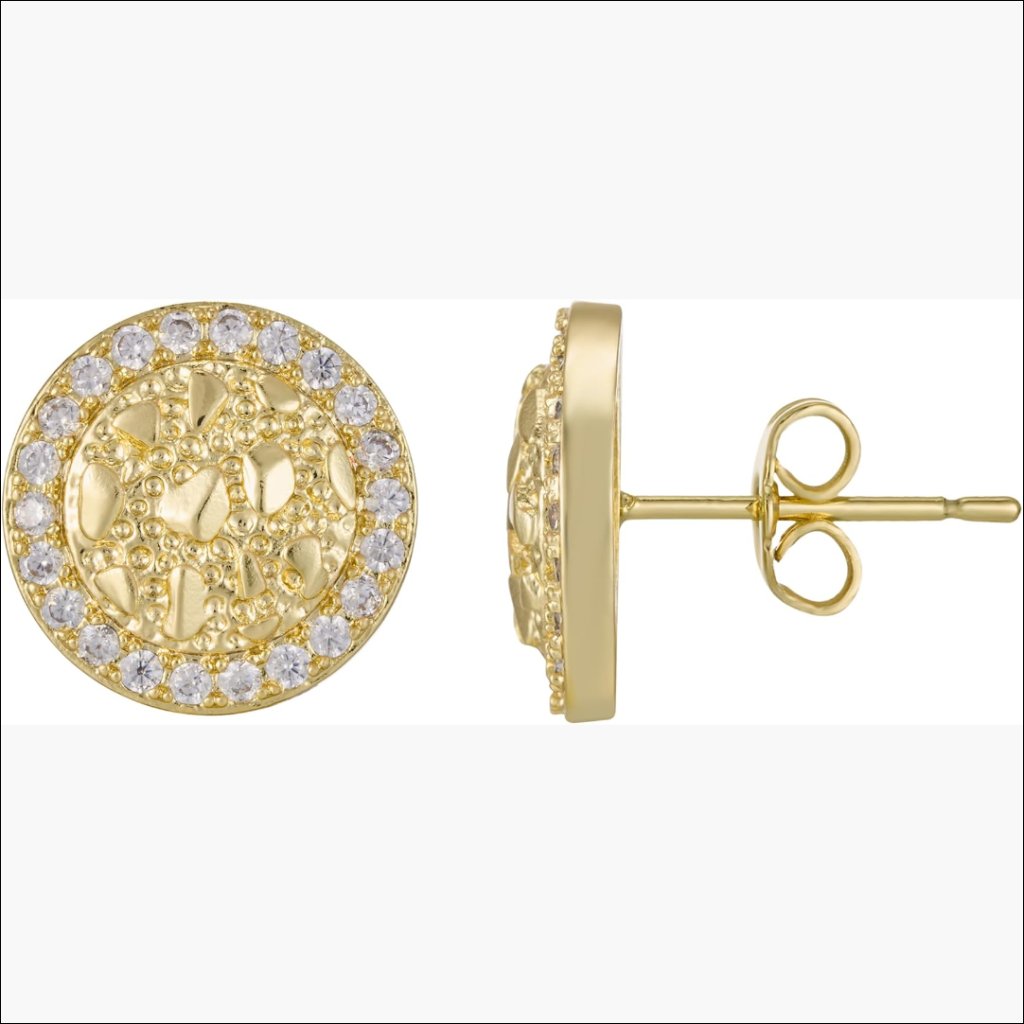 14k Gold Plated Cubic Zirconia Stud Earrings, Round Textured Nugget Design